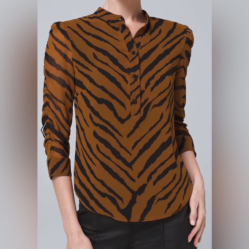 NWT TIGER-PRINT RUCHED-SLEEVE BLOUSE MEDIUM